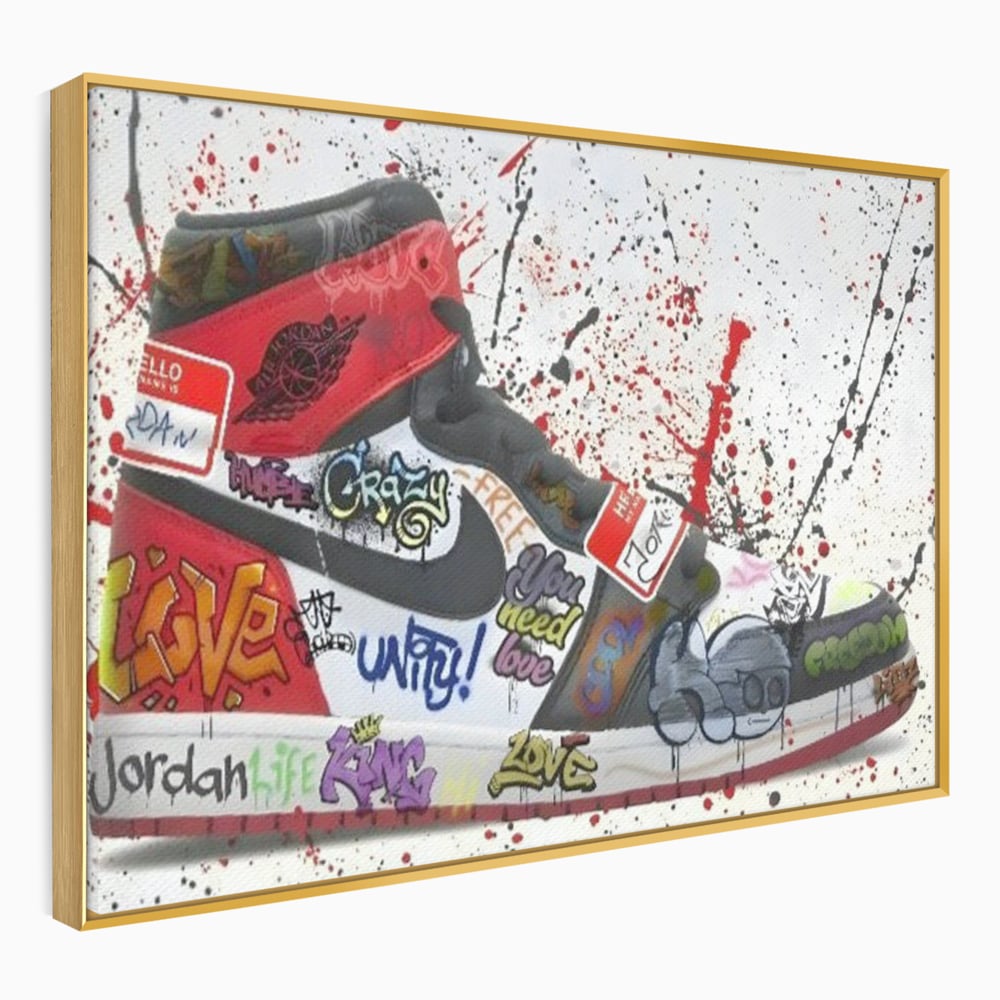 Tablou canvas cu pictura adidasi air jordan cu graffiti, in rama de aluminiu auriu